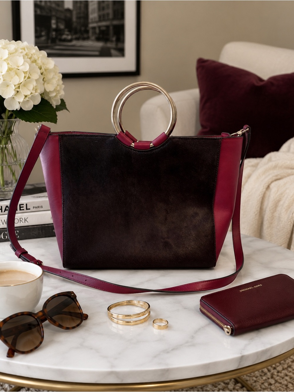 Henri Bendel Marquis Burgundy and Deep Pink Ring-Handle Tote